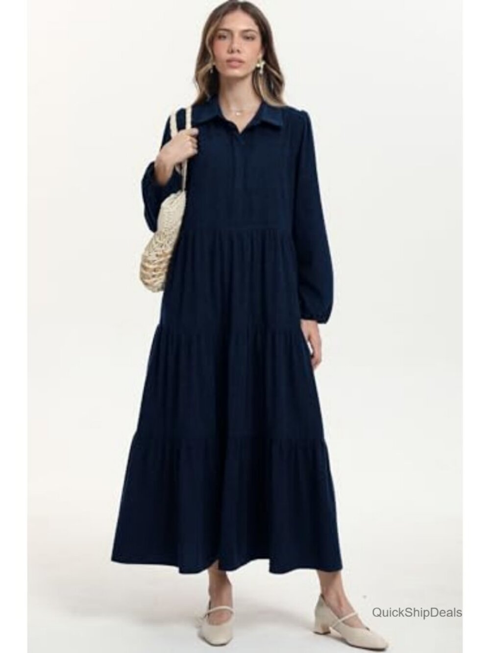Women's Corduroy Maxi Dress Long Sleeve Button Down Tiered Flowy Fall Winter - Picture 3 of 6
